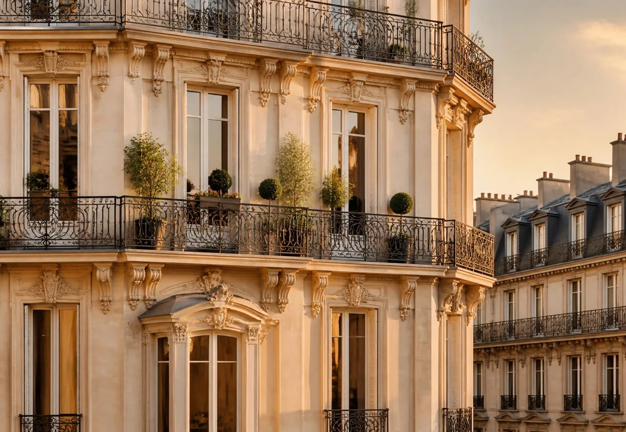Façade en pierre, balcons ouvragés et lumière de fin de journée